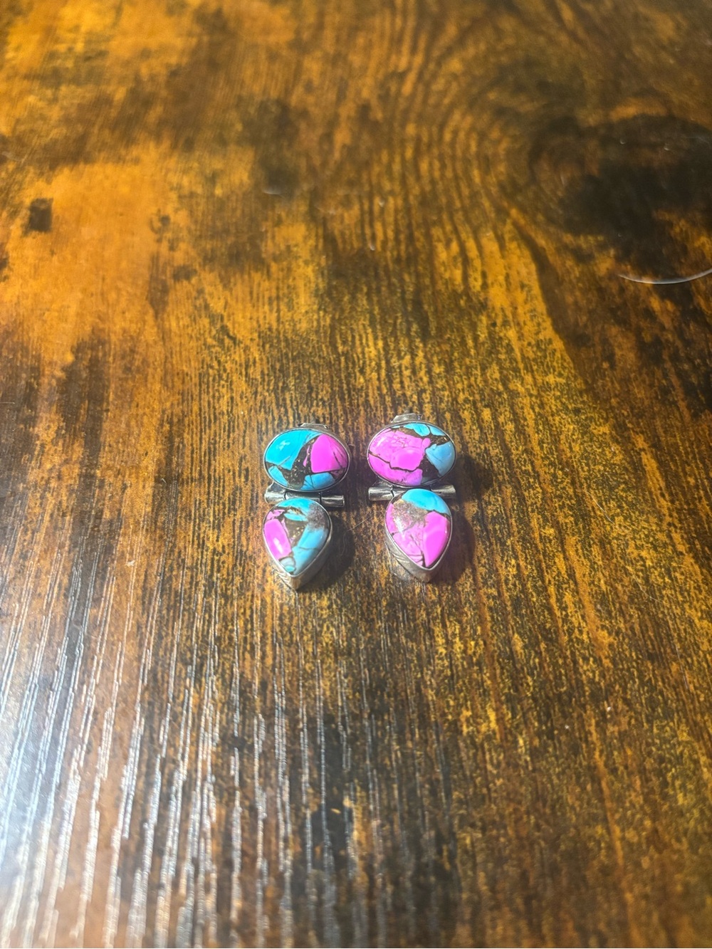 Turquoise & Pink Inlay Stone Teardrop Earrings